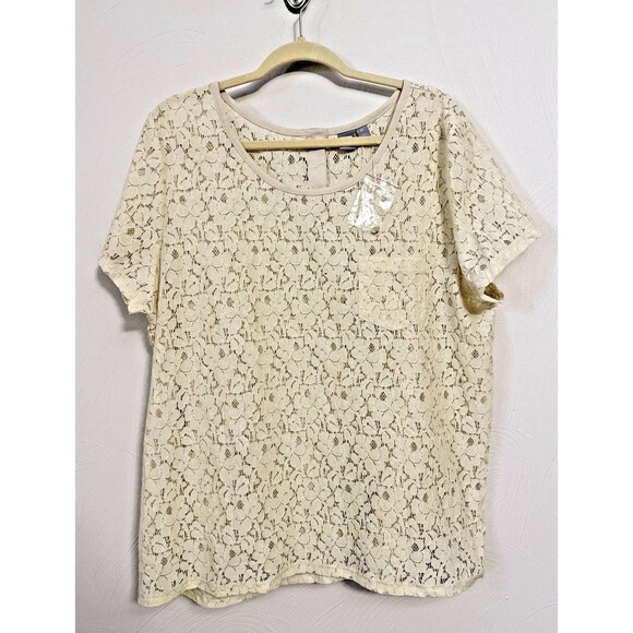 JCP 2X Womans Sheer Cream Floral Lace Top Boho Western Quiet Luxury Cap Slv-read - Picture 1 of 13